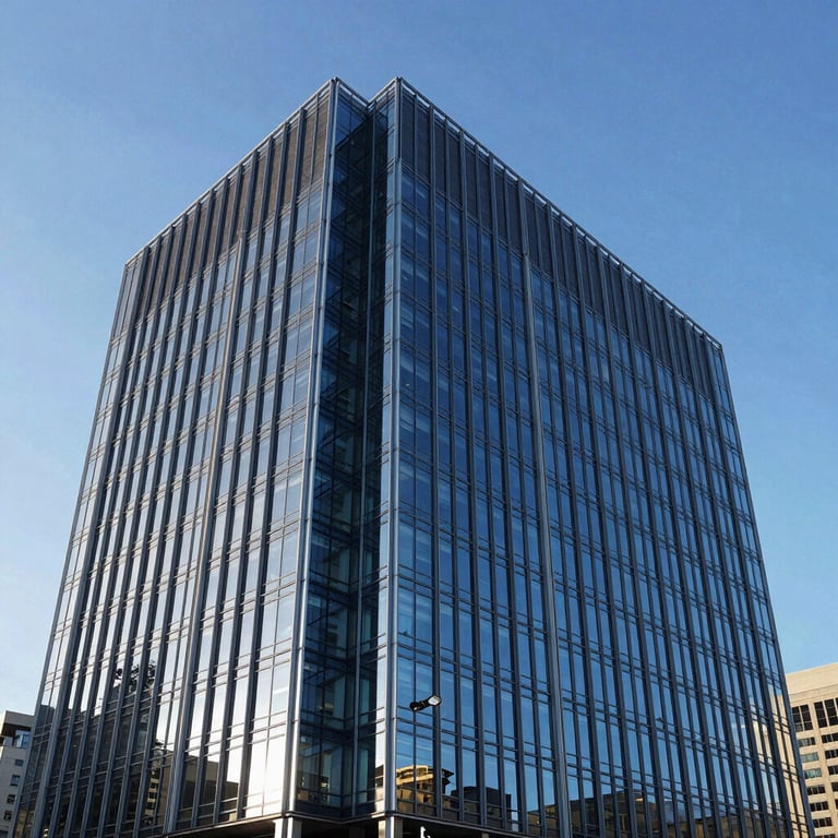 The sharp, modern exterior of a North American corporate headquarters made of glass and steel, reflecting a clear blue sky.