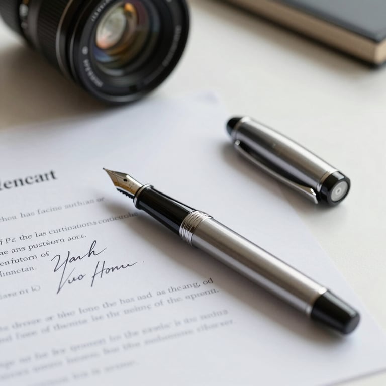 A close-up of a high-end fountain pen resting on a signed contract on a clean white desk, illuminated by soft natural light.