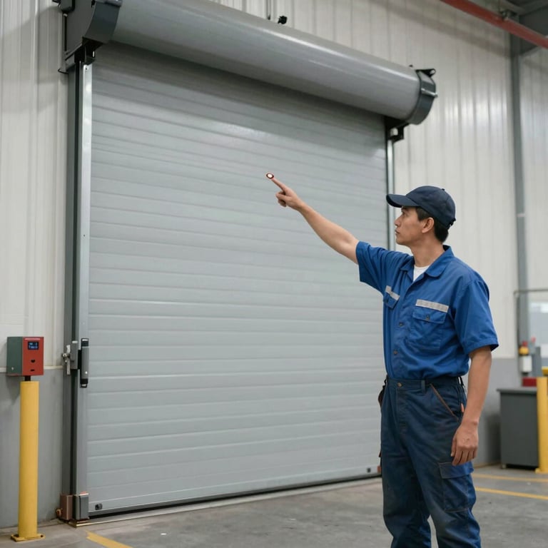 A commercial technician servicing a large rolling steel door for a Los Angeles warehouse, conveying authority and expertise.