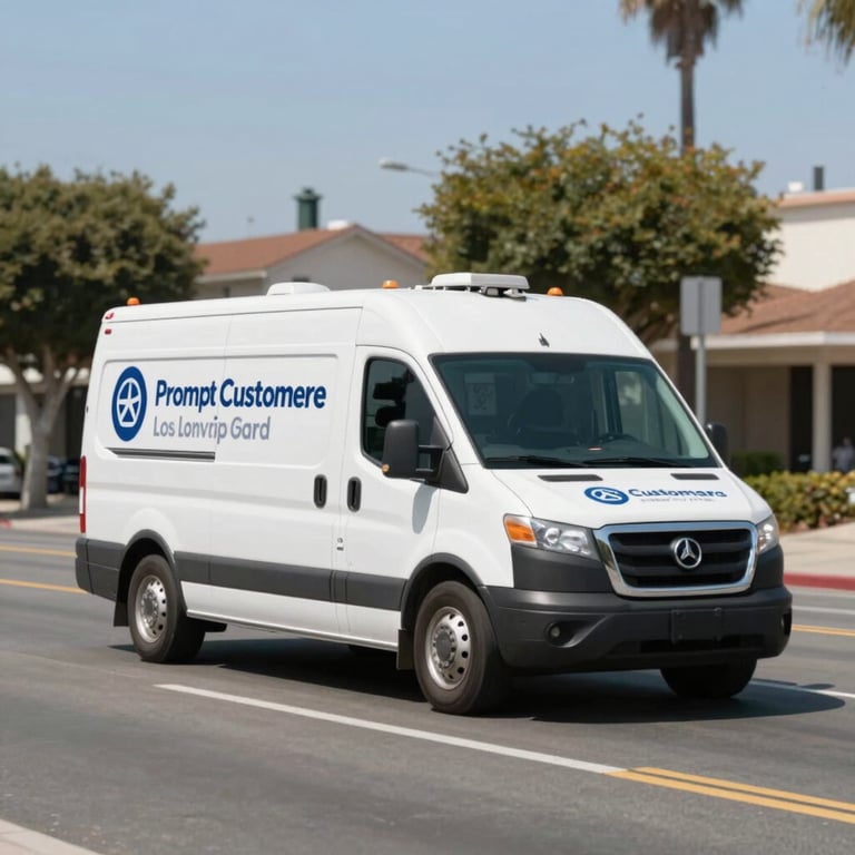 A branded service vehicle driving through a professional Los Angeles neighborhood, symbolizing prompt customer care.