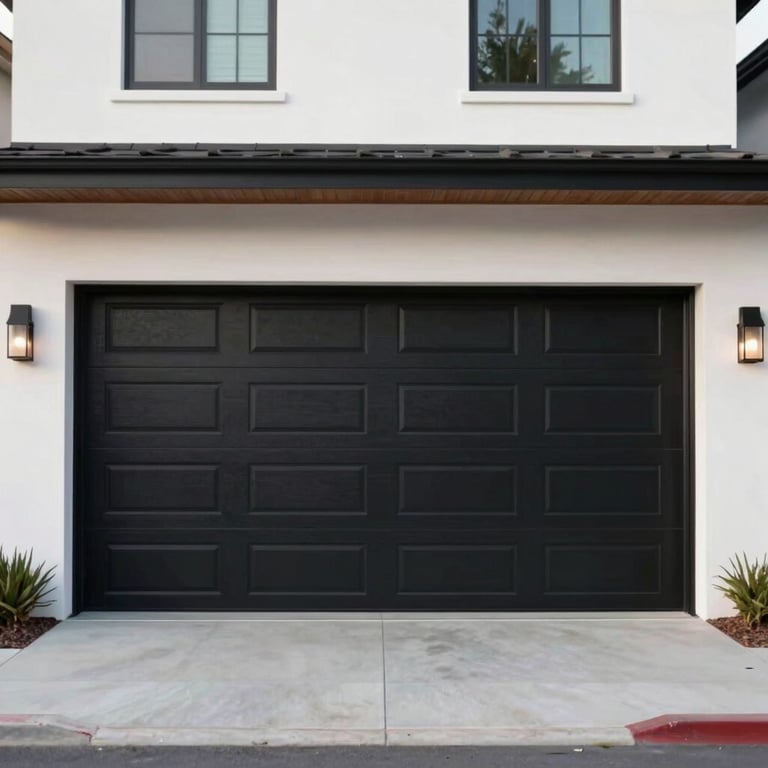 A wide shot of a beautiful, modern black garage door installed on a contemporary Los Angeles home.