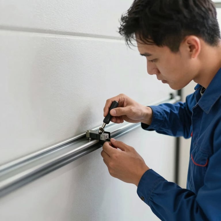 An expert technician adjusting the alignment of a garage door track with high-precision tools.