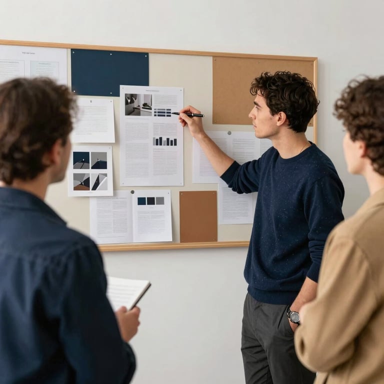 A creative marketing team brainstorming in a bright studio with mood boards and modern design elements in Deep Navy and Warm Sand.