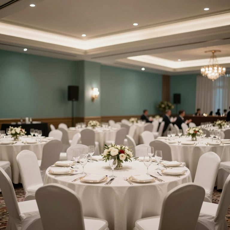 A sophisticated, high-end corporate gala event setup in a luxury Indonesian ballroom with Slate Teal and Soft Cream lighting accents.