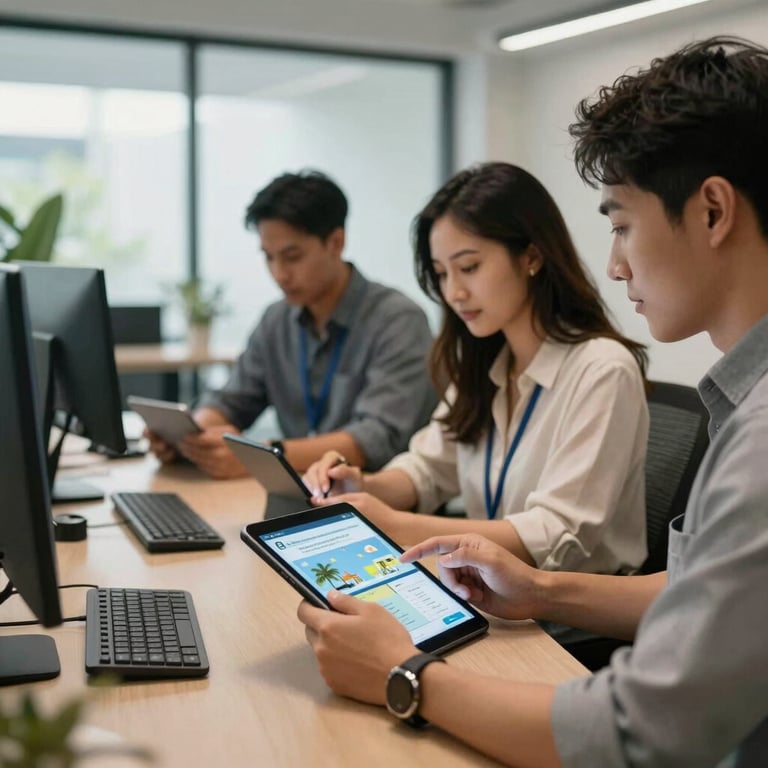 A team of travel experts in a modern Southeast Asian / Indonesian office using digital tablets to plan customized travel itineraries.