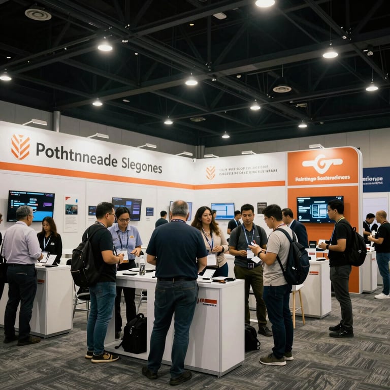 A wide shot of a successful industry trade exhibition in a grand Southeast Asian / Indonesian convention center with diverse professional attendees.