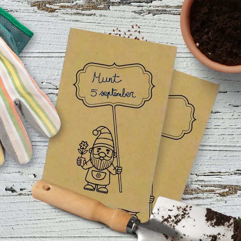 Kraft zaadzakje met print van tuinkabouter, om je zaden te bewaren.