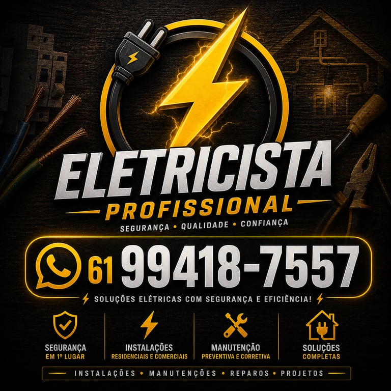 de eletricista profissional com contato para instalações, manutenção e reparos elétricos residenciais.