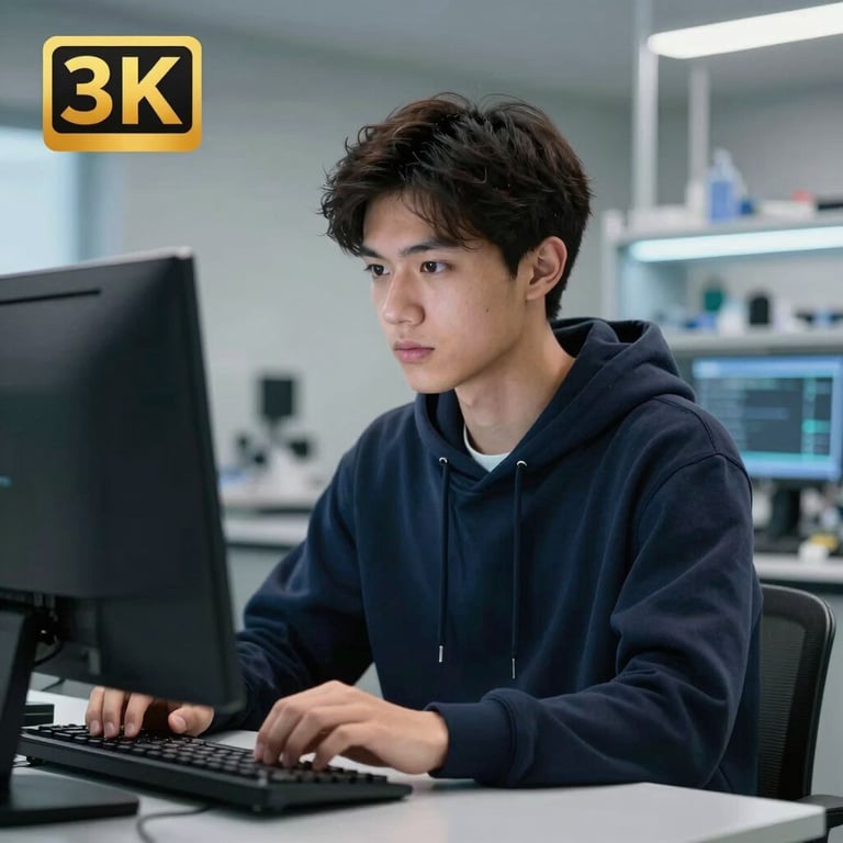 A male university student in a Deep Navy hoodie looking thoughtfully at a computer screen in a high-tech lab.