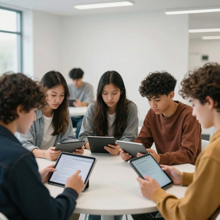 A group of diverse college students studying together with digital tablets in an Ice White lounge.