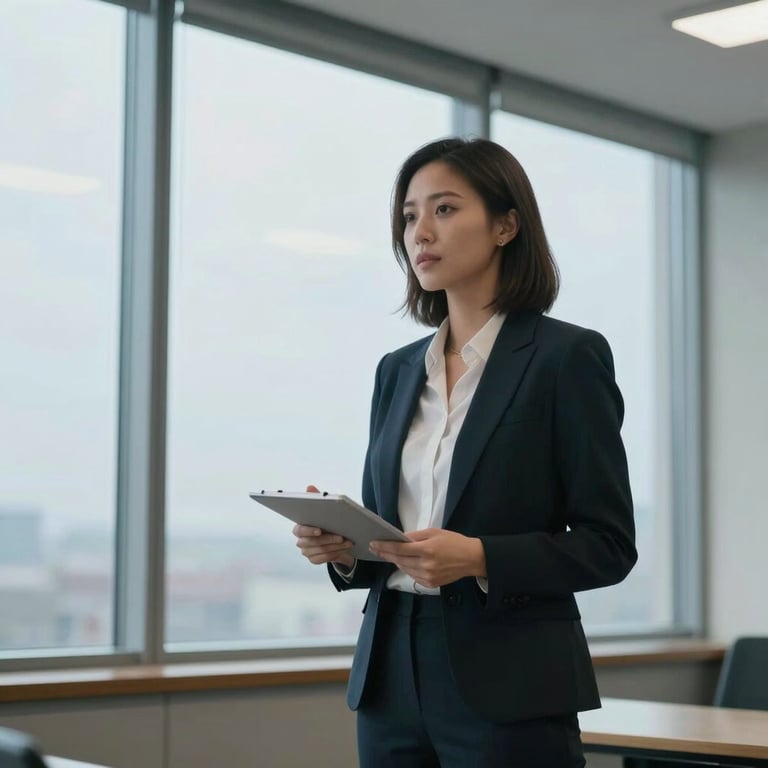 A young professional woman giving a presentation in a room with large windows and a Soft Sky Blue color palette.