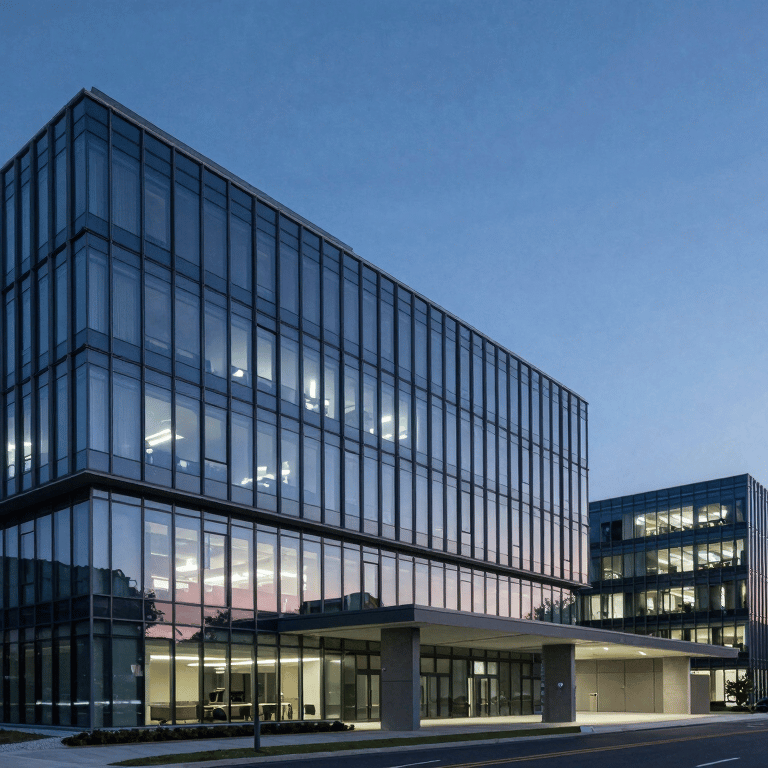 A close-up of a professional in a Steel Blue suit shaking hands in a bright, modern office.