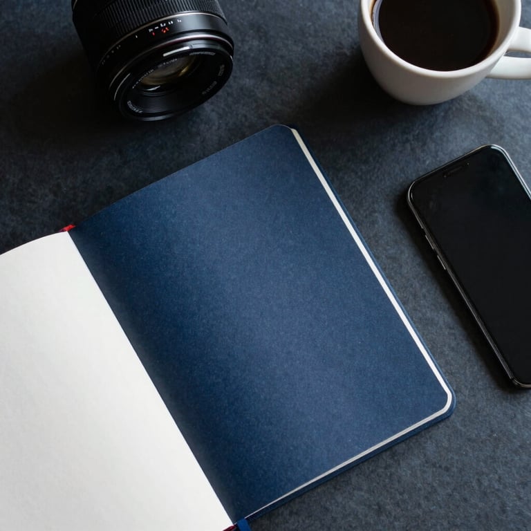 An overhead shot of a clean, organized desk with a notebook, a coffee cup, and a smartphone, styled in Deep Navy tones.