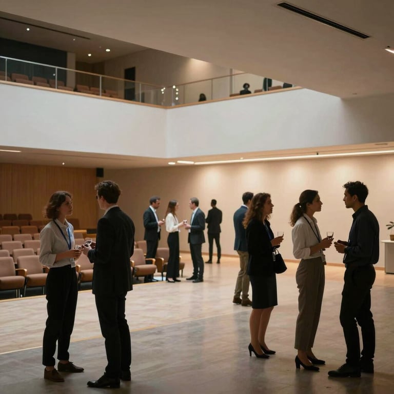 A wide shot of a modern, airy auditorium where professionals are networking, illuminated by soft, empowering light.