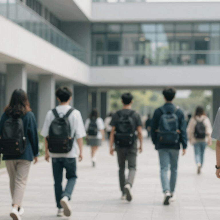 A group of diverse students studying together in a modern, light-filled university common area with #F5F8FA walls.