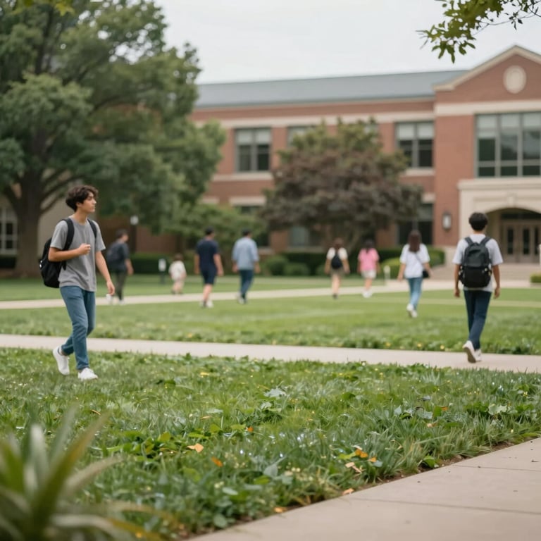 A wide shot of a peaceful college campus courtyard with manicured green lawns and students walking between classes.