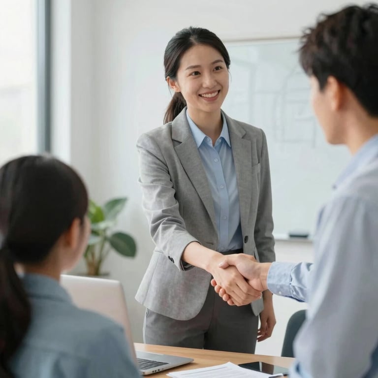 A professional educator shaking hands with a student's parent in a bright, modern office, symbolizing trust and clarity.