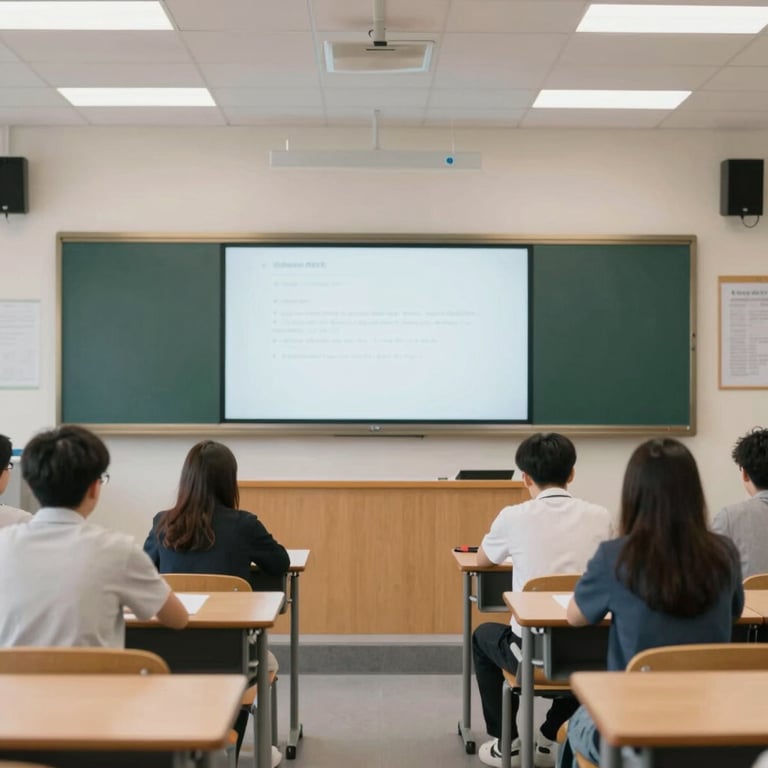 A well-organized classroom at a top-tier coaching center with digital whiteboards and comfortable seating.