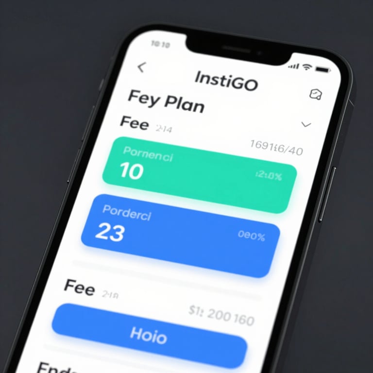 A close-up of the InstiGO interface on a smartphone screen showing fee plan comparison charts in teal and blue tones.