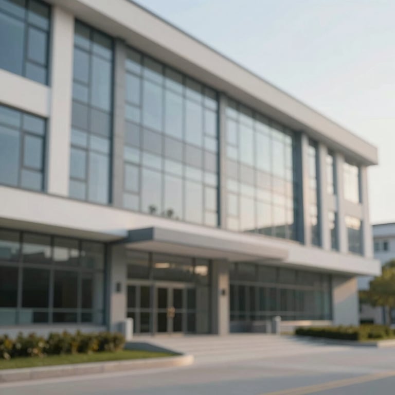 A clean, professional facade of a contemporary high school building with large glass windows and soft morning light.