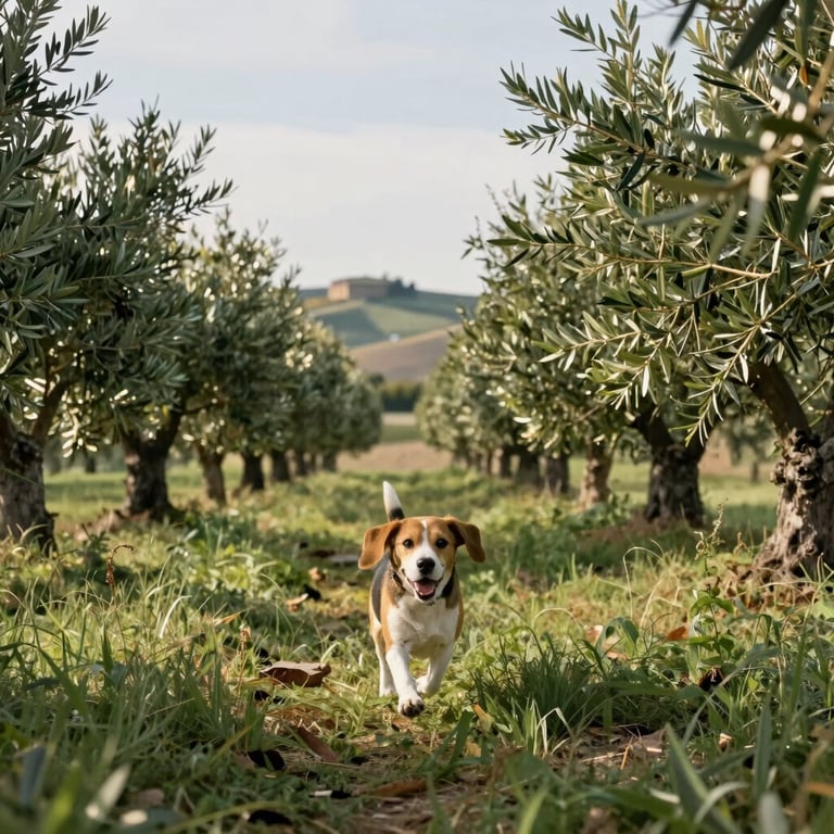 A playful Beagle running through a silver-green olive grove in Fiesole, Southern European / Italian landscape, bright afternoon sun.