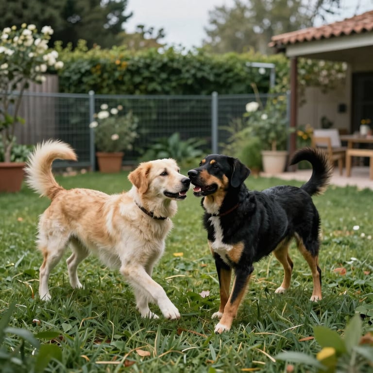 Two dogs of different breeds playing together in a fenced-in, lush green backyard with Mediterranean plants in the background.