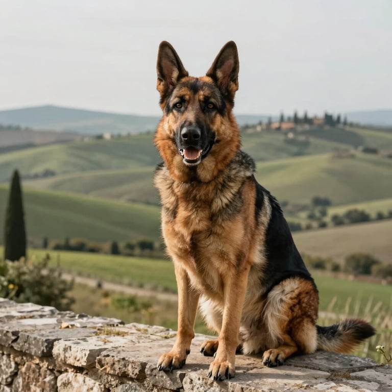 A loyal German Shepherd sitting on a stone wall overlooking the Tuscan hills, warm tan and sage green tones.