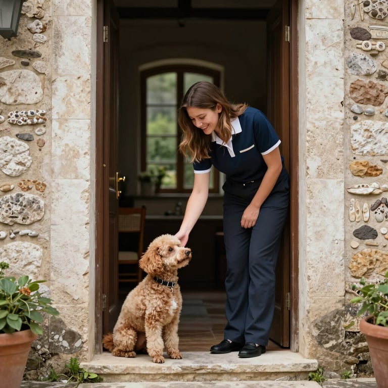 A pet sitter warmly greeting a small poodle at the door of a traditional Fiesole stone house, professional yet friendly vibe.