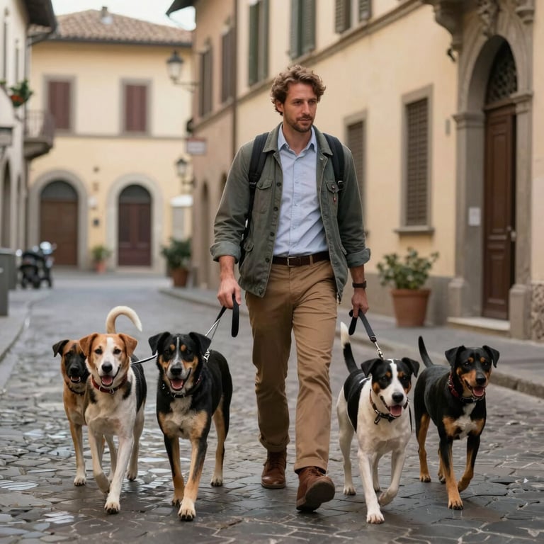 A dog walker in casual professional attire walking a group of dogs through a quiet Fiesole street with historic architecture.