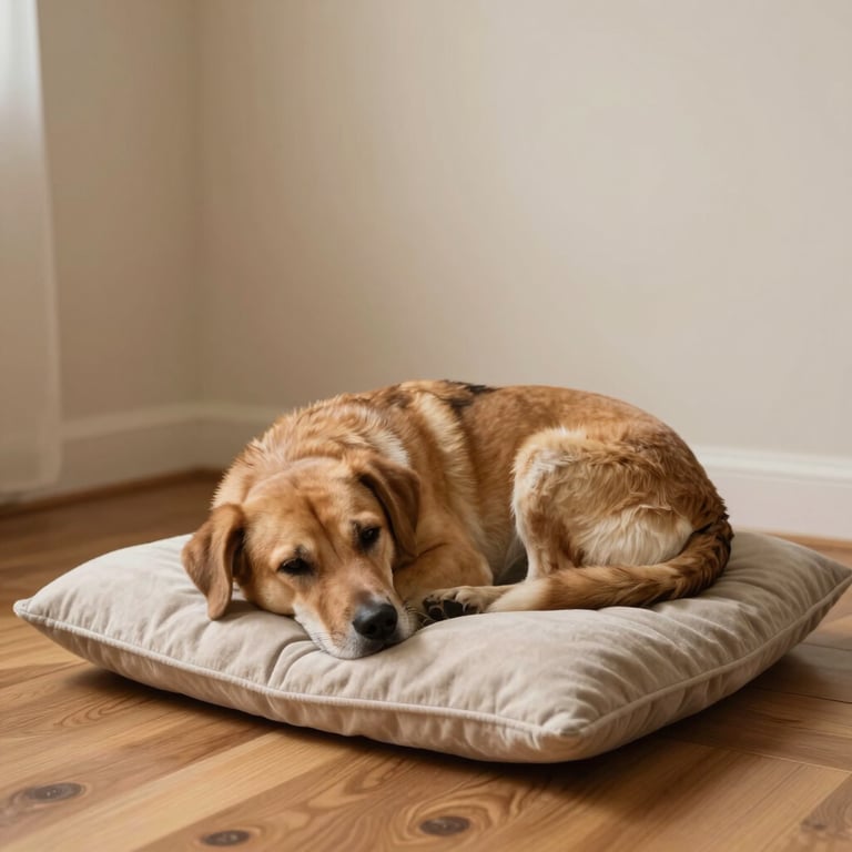 A cozy indoor scene of a dog curled up on a plush cushion in a room with warm wood floors and soft cream walls.