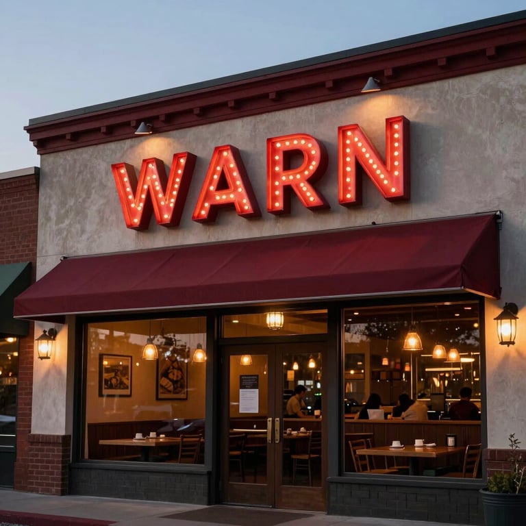 Warm, inviting North American / US bistro storefront at dusk with Deep Ripe Crimson signage and cozy lighting.