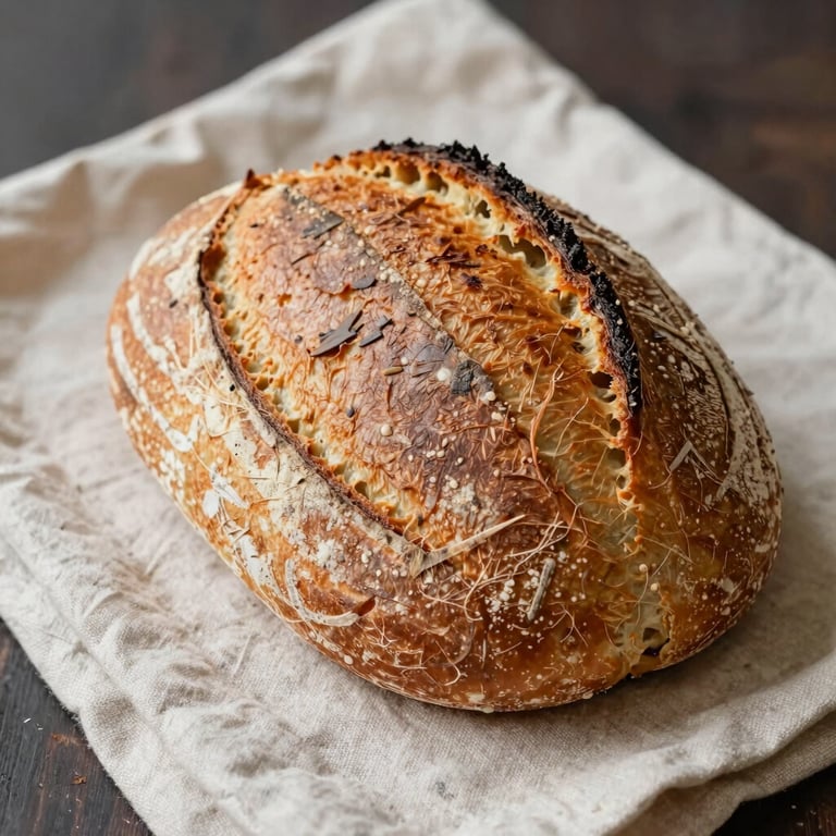 Close-up of a fresh artisanal sourdough loaf on a Crisp Parchment linen cloth in a North American / US bakery.