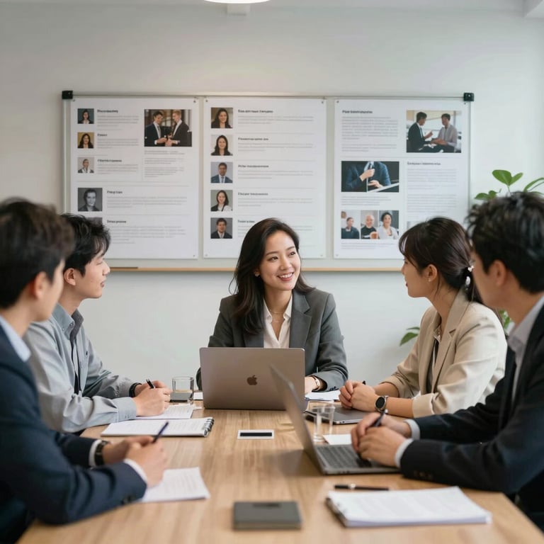 A collaborative team meeting in a North American / US marketing office with boards featuring social media content plans.