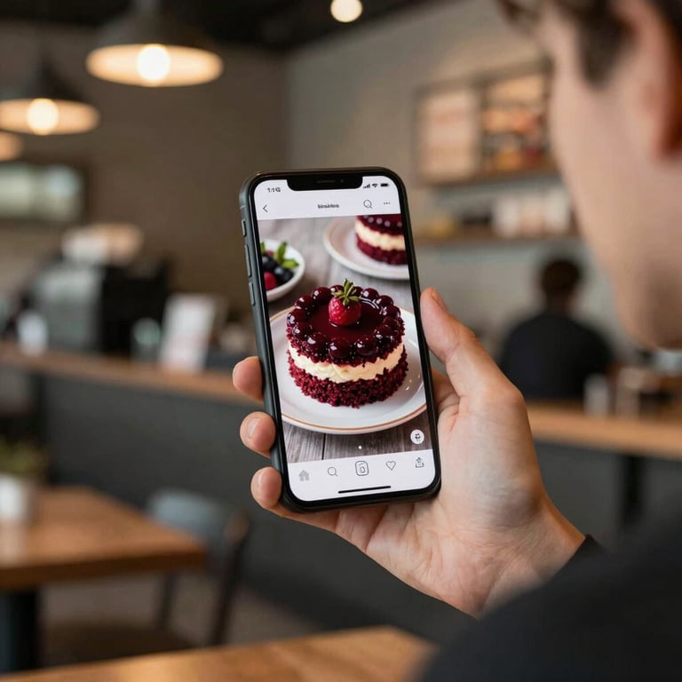 A social media manager in a North American / US cafe holding a smartphone showing a beautiful Deep Ripe Crimson food post.
