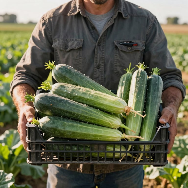 A local farmer holding a crate of vibrant Matte Forest Green vegetables in a sunlit North American / US field.