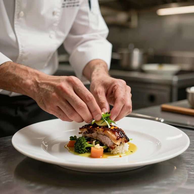 A chef's hands expertly plating a gourmet dish in a modern North American / US restaurant kitchen.