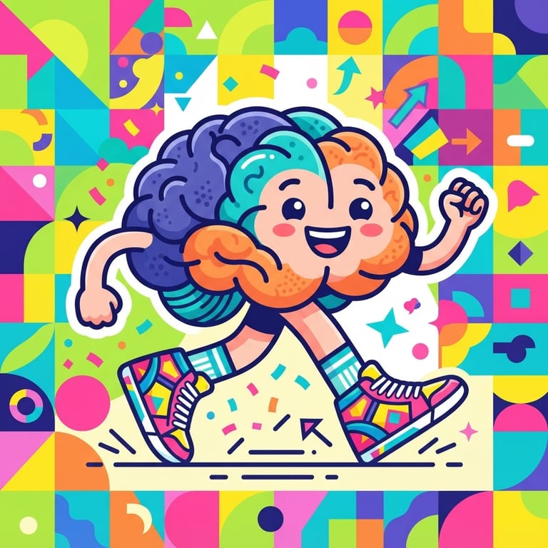 Bright flat vector illustration of a friendly stylized brain wearing sneakers, high-contrast geometric shapes, cheerful vibrant colors.