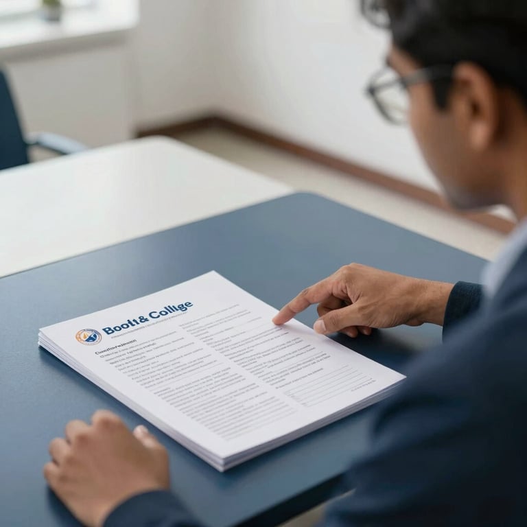 A South Asian educational consultant pointing to a college prospectus on a navy blue desk in a bright office.