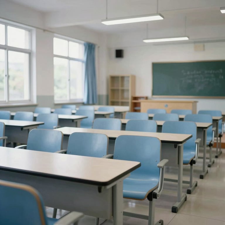 Interior shot of a high-tech university classroom with clean design and light blue seating.