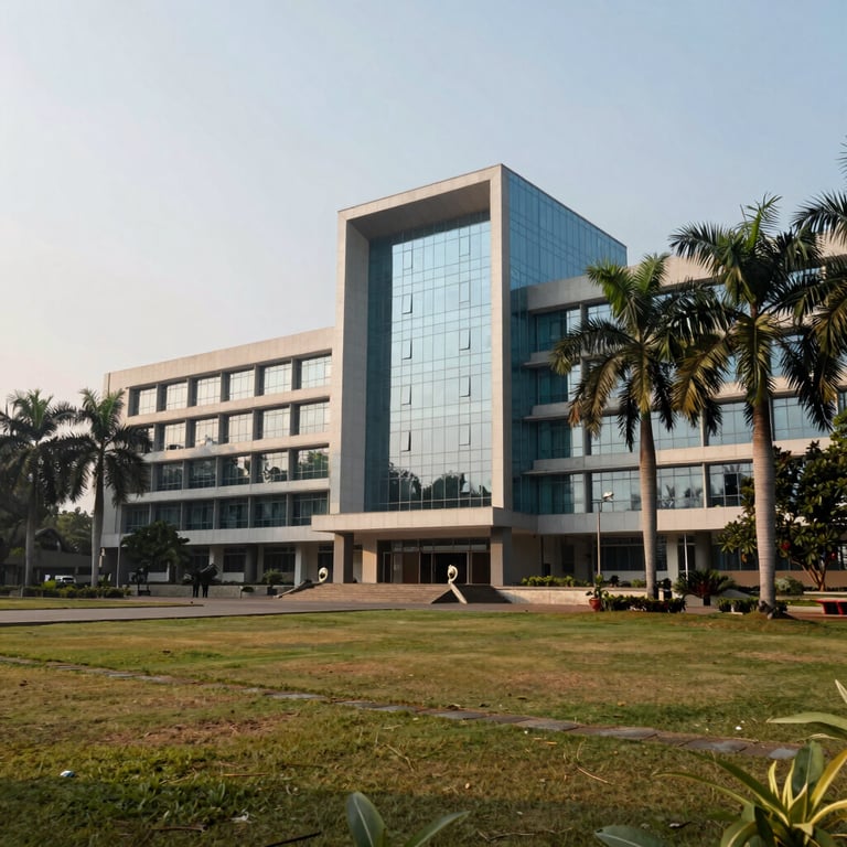 Wide shot of a prestigious private college campus in India featuring modern glass architecture and palm trees.