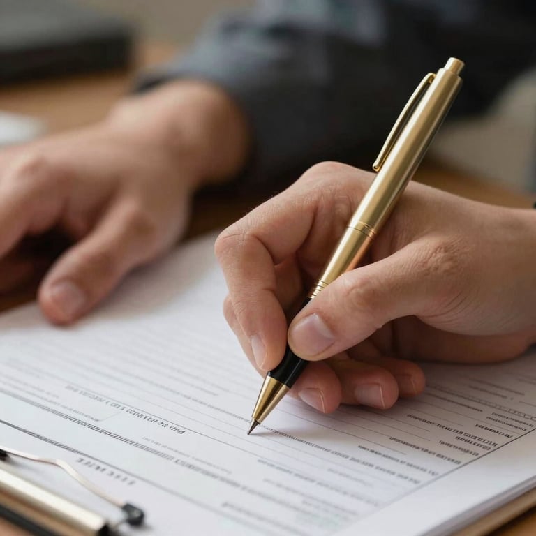Close-up of a student’s hands filling out an official admission form with a gold-colored pen.