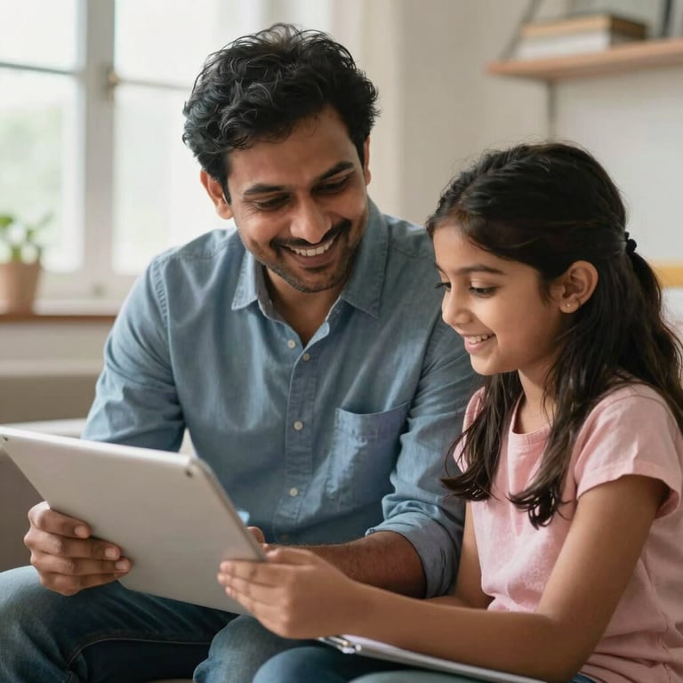 A South Asian father and daughter smiling while discussing university choices in a light-filled room.