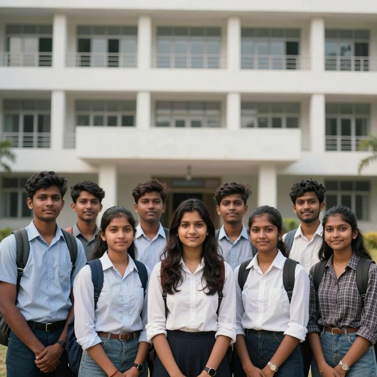 A group of South Asian students standing in front of a modern university building, representing academic excellence.