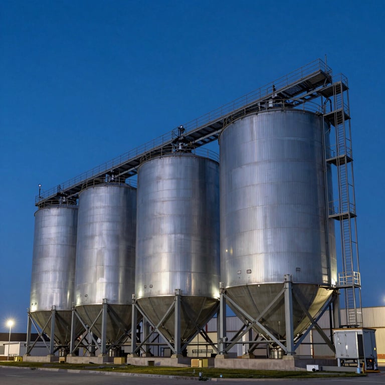 Exterior view of a modern industrial silo complex during the blue hour, lighting highlighting the structural engineering against a deep midnight blue sky.
