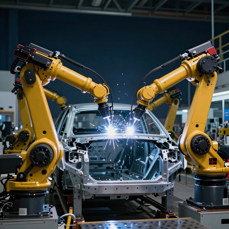 A sleek automotive production line with multiple robotic arms welding a car frame, cinematic lighting with deep midnight blue shadows.