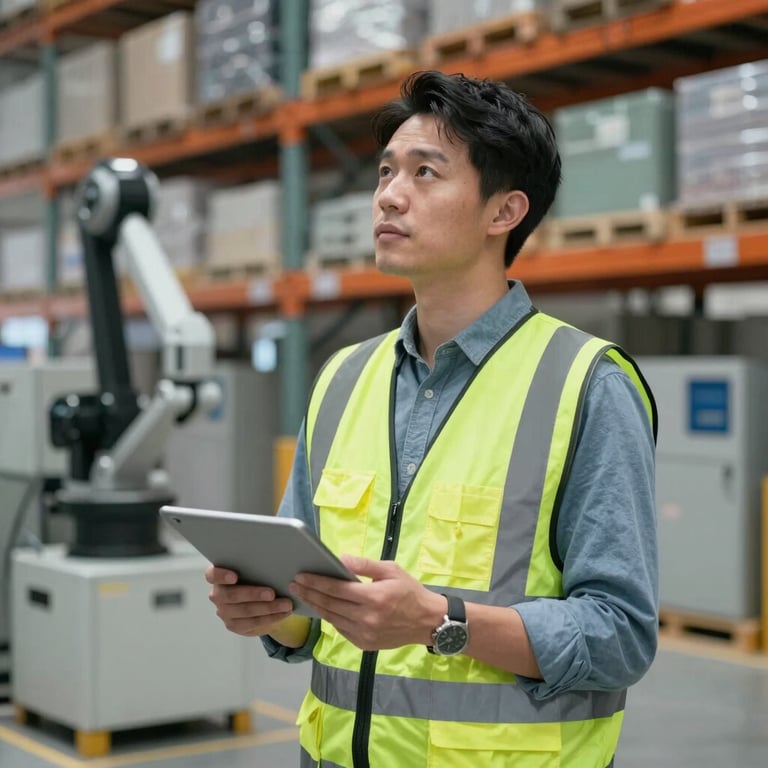 A professional engineering project manager in a safety vest standing in a modern warehouse, holding a tablet, with automated systems in the background.