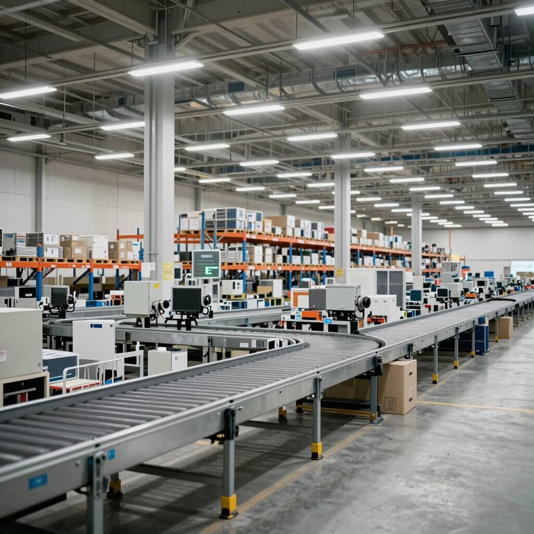Wide shot of a massive automated distribution center in Spain, with rows of shelves and high-speed conveyor belts under bright, clean white lighting.