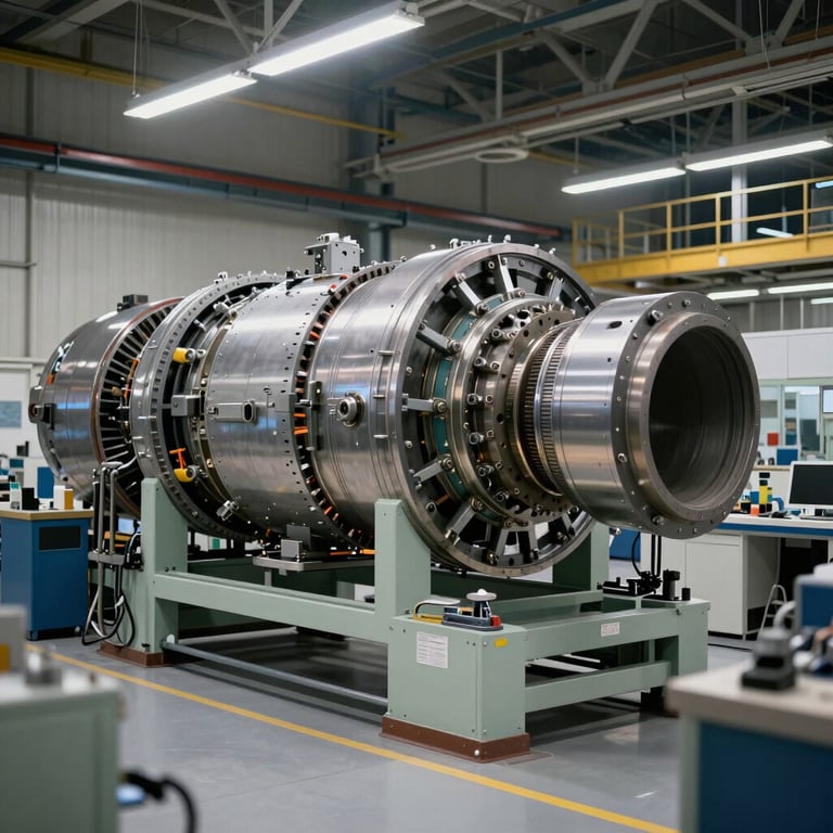 Interior of an aeronautics manufacturing plant with large-scale components and specialized engineering tools, Southern European industrial setting.