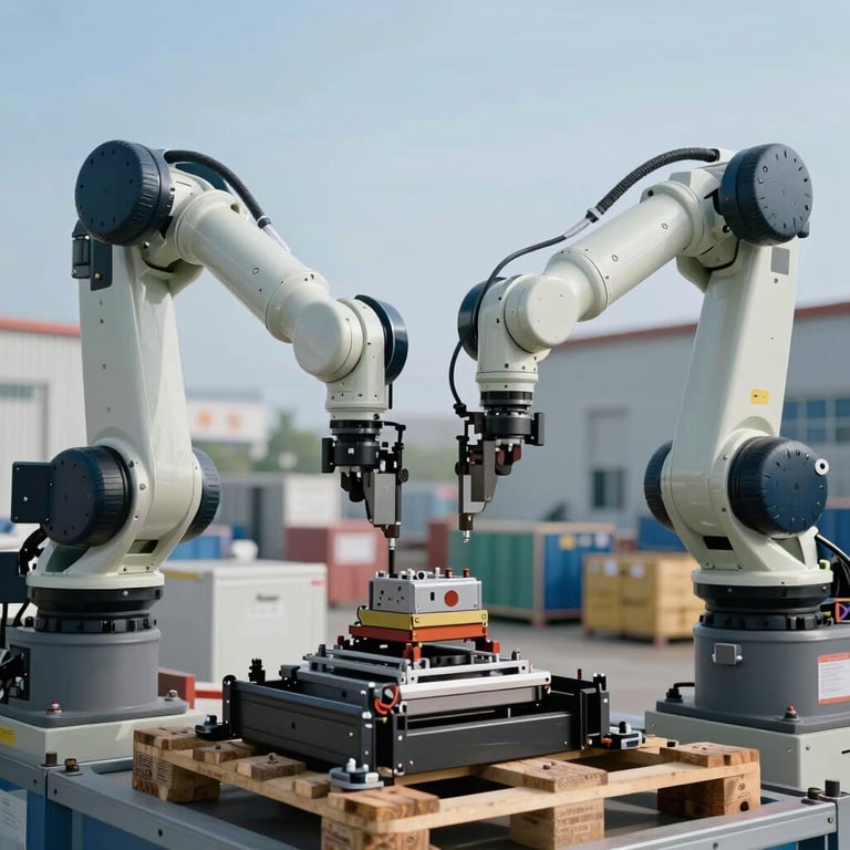 Close-up of industrial palletizing robots working with precision in a logistics hub, featuring soft sky blue accents on the machinery.