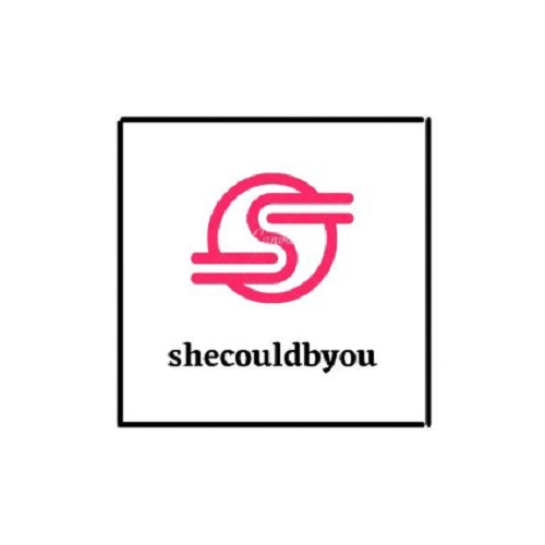 Shecouldbyu brand logo with a pink circular S icon and black serif typography in a square frame.
